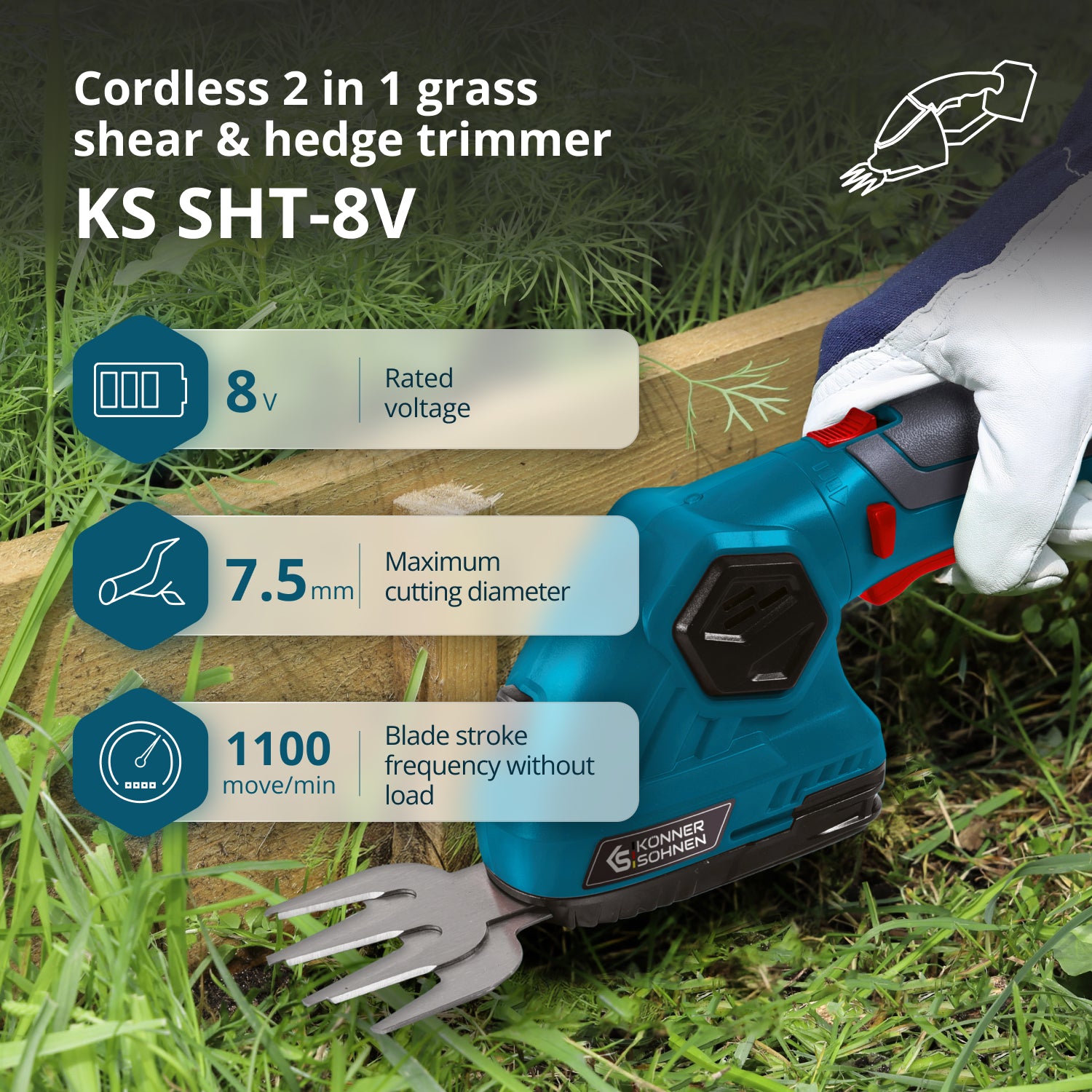 Cordless 2 in 1 Grass Shear and Hedge Trimmer with Telescopic Extension Pole KS SHT-8V + Extension Pole
