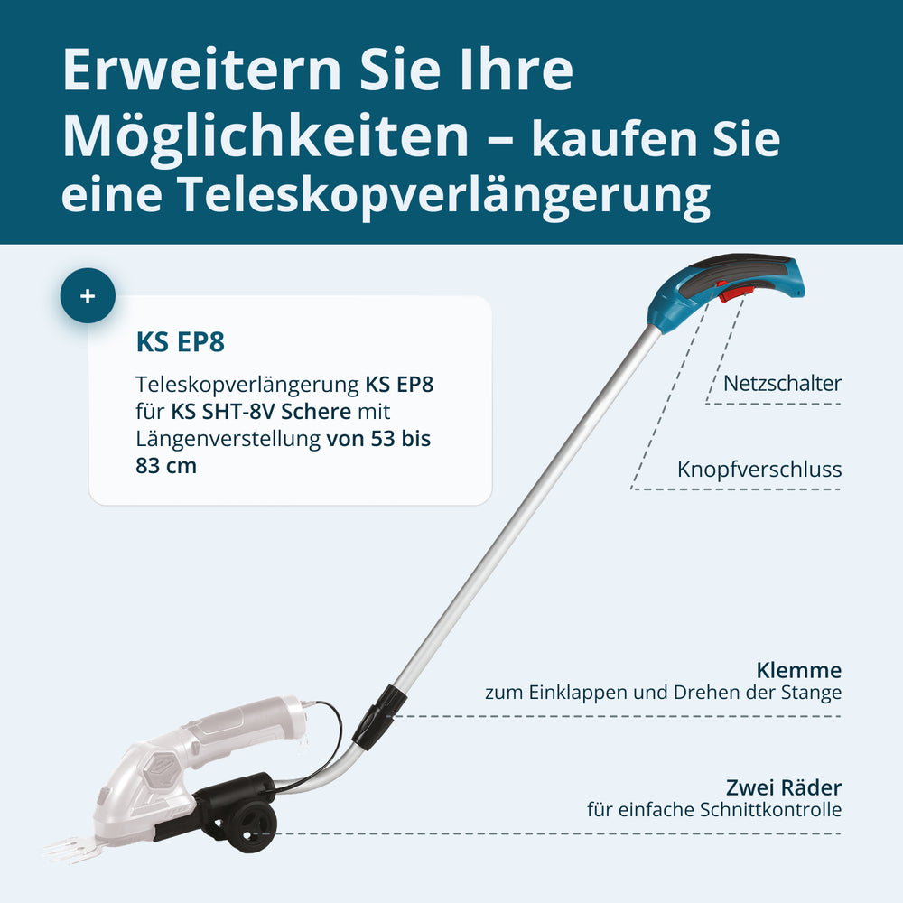 Bežične 2 u 1 makaze za travu i trimer za živu ogradu sa teleskopskom produžnom šipkom KS SHT-8V + produžna šipka